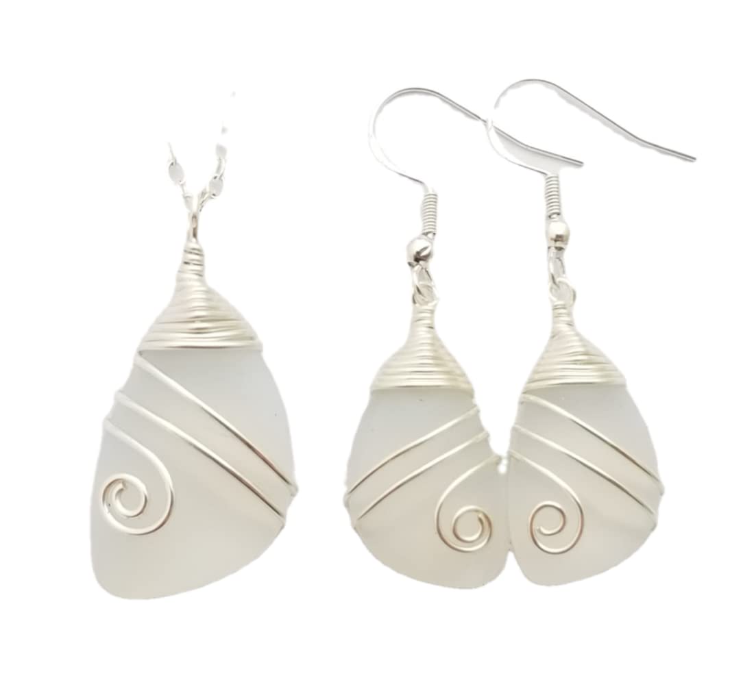 Handmade In Hawaii, Wire Wrapped Sea Glass Necklace and Earrings Set, Birthday Gifts For Women