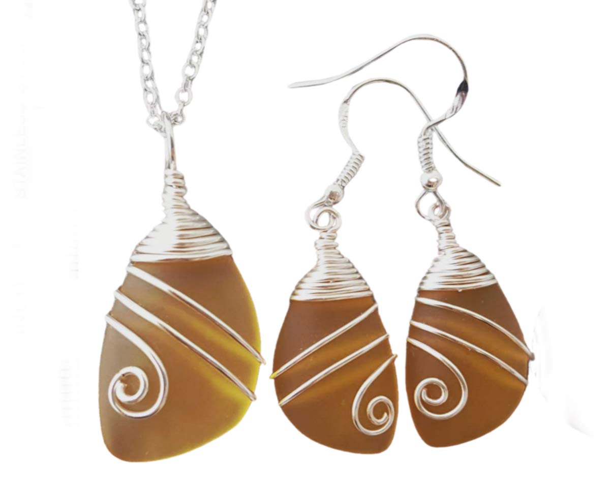 Handmade In Hawaii, Wire Wrapped Sea Glass Necklace and Earrings Set, Birthday Gifts For Women