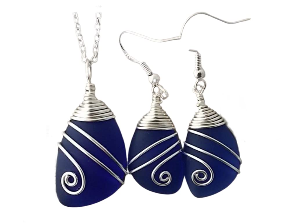 Handmade In Hawaii, Wire Wrapped Sea Glass Necklace and Earrings Set, Birthday Gifts For Women