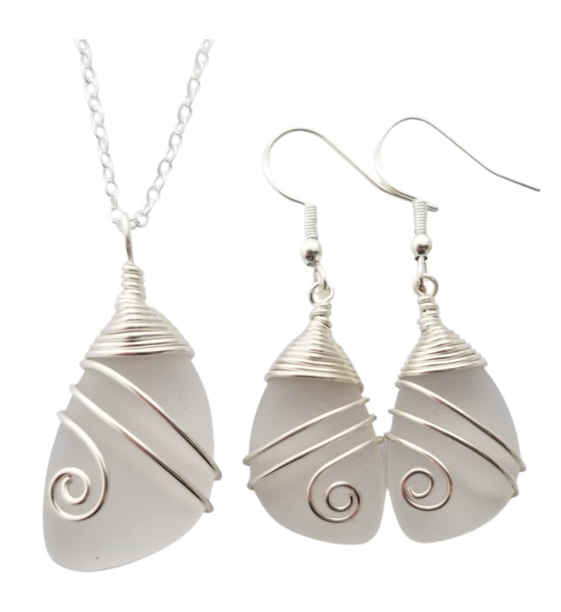 Handmade In Hawaii, Wire Wrapped Sea Glass Necklace and Earrings Set, Birthday Gifts For Women