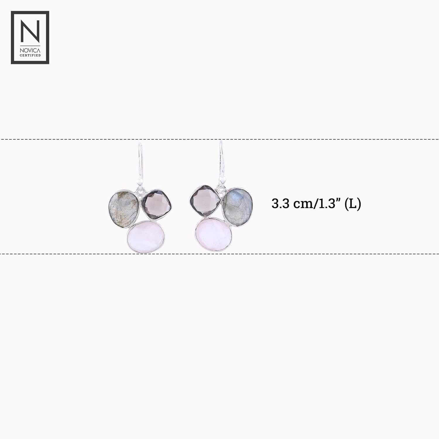 NOVICA Artisan Handmade Multigemstone Dangle Earrings Sterling Silver from India Smoky Quartz Rose Labradorite Birthstone [1.3 in L x 0.9 in W x 0.2 in D] ' Enchanting Trinity'
