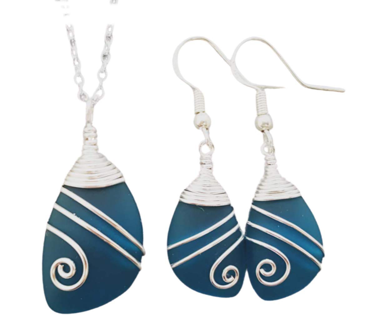 Handmade In Hawaii, Wire Wrapped Sea Glass Necklace and Earrings Set, Birthday Gifts For Women