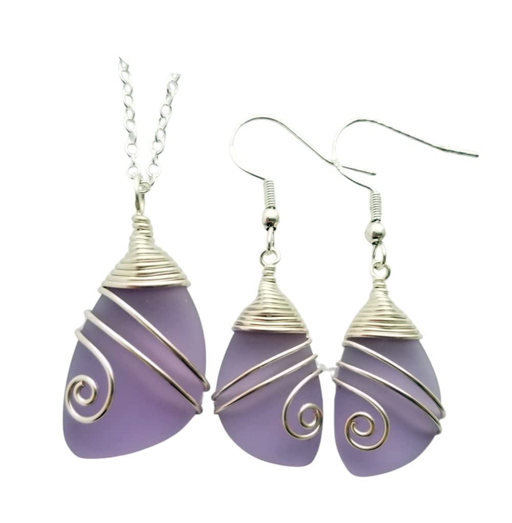 Handmade In Hawaii, Wire Wrapped Sea Glass Necklace and Earrings Set, Birthday Gifts For Women