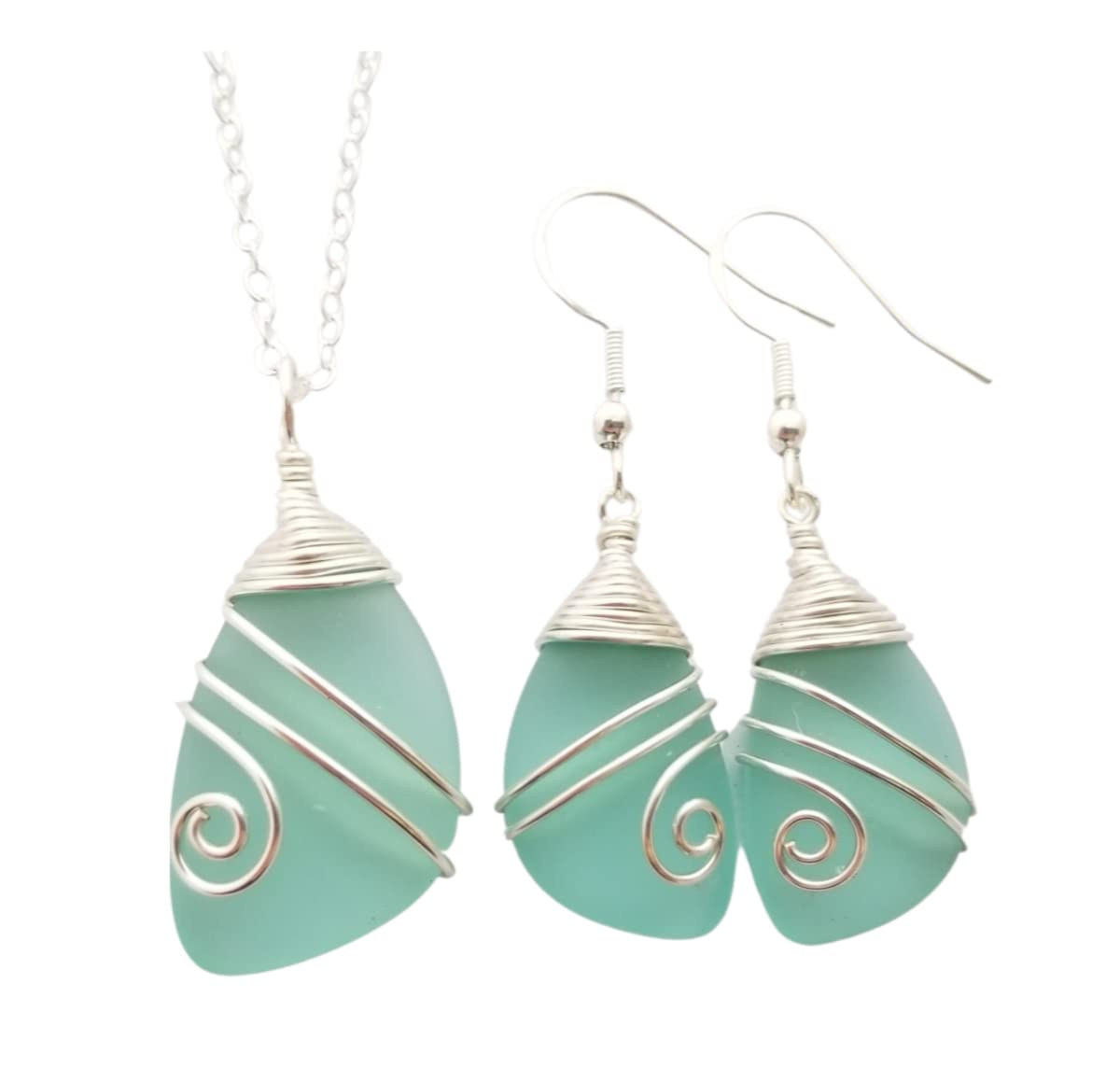 Handmade In Hawaii, Wire Wrapped Sea Glass Necklace and Earrings Set, Birthday Gifts For Women