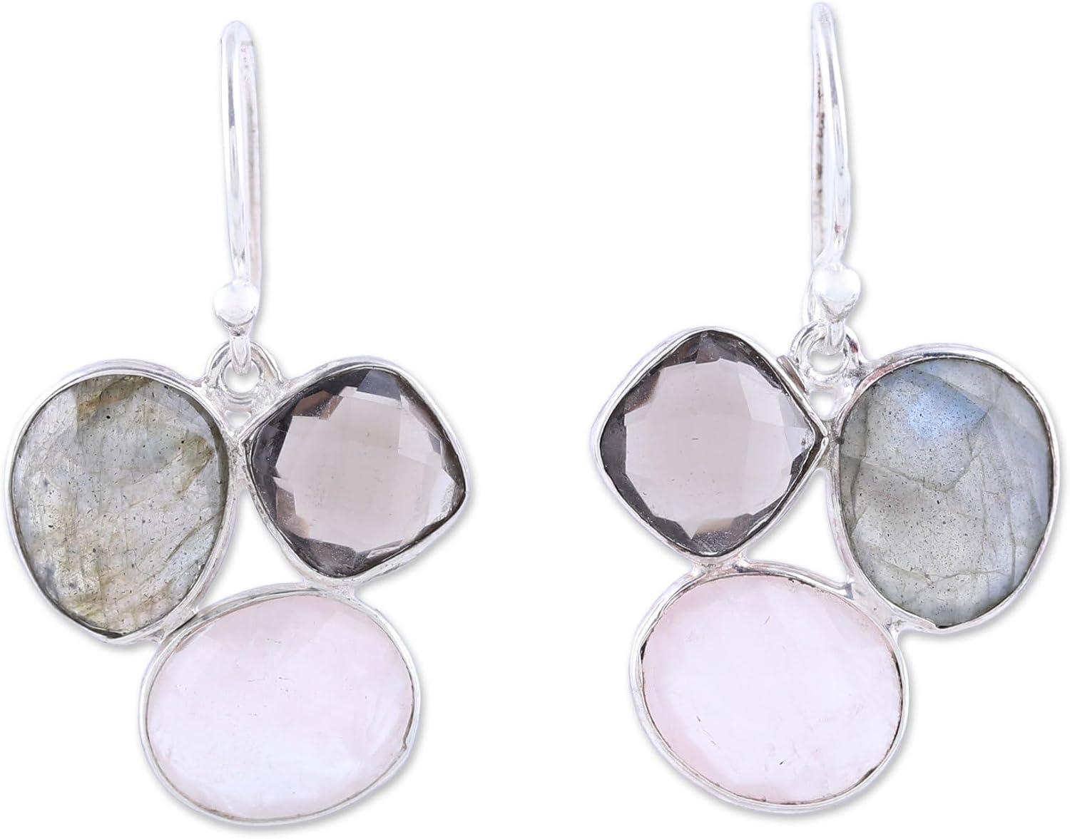 NOVICA Artisan Handmade Multigemstone Dangle Earrings Sterling Silver from India Smoky Quartz Rose Labradorite Birthstone [1.3 in L x 0.9 in W x 0.2 in D] ' Enchanting Trinity'