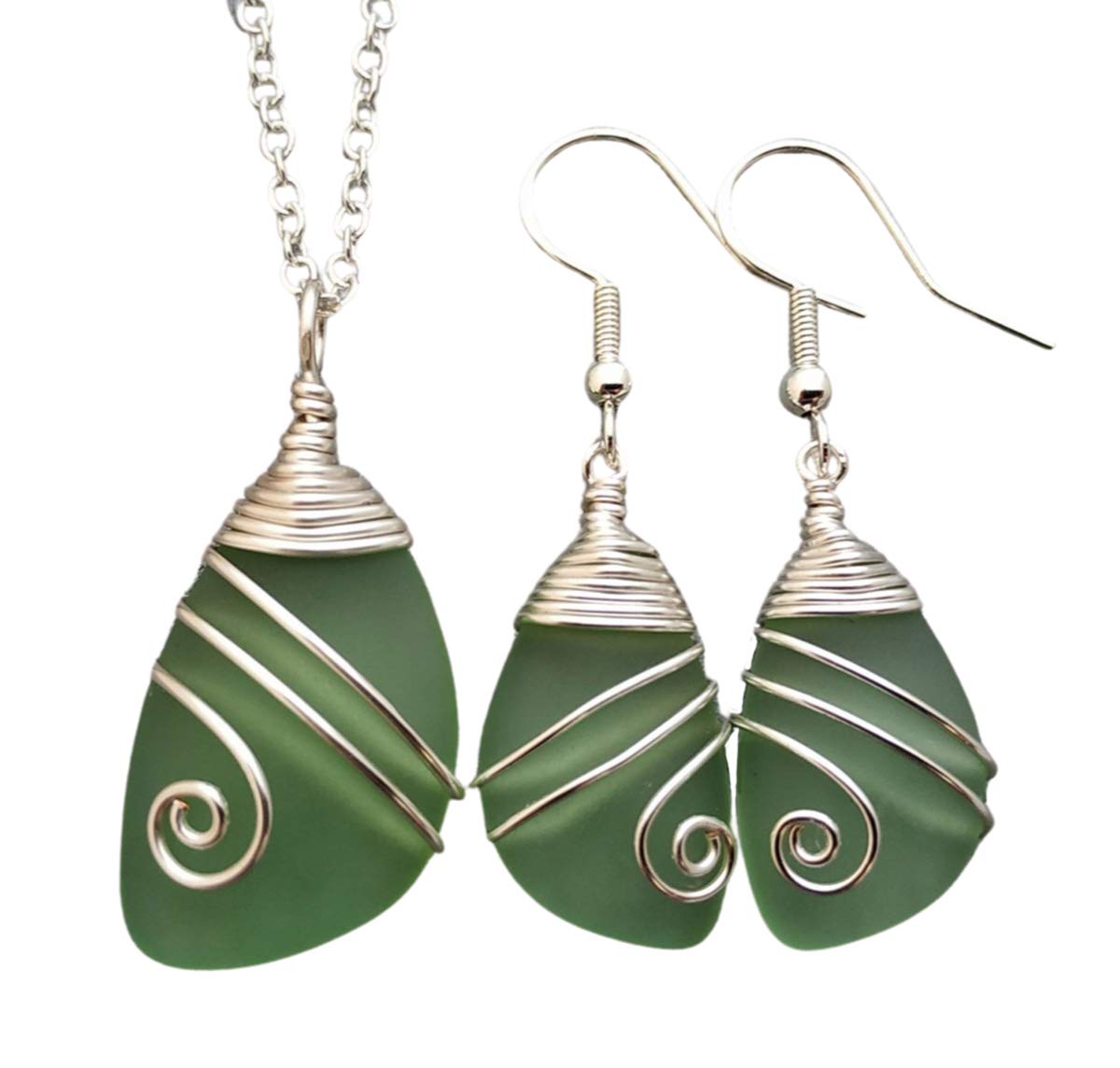 Handmade In Hawaii, Wire Wrapped Sea Glass Necklace and Earrings Set, Birthday Gifts For Women