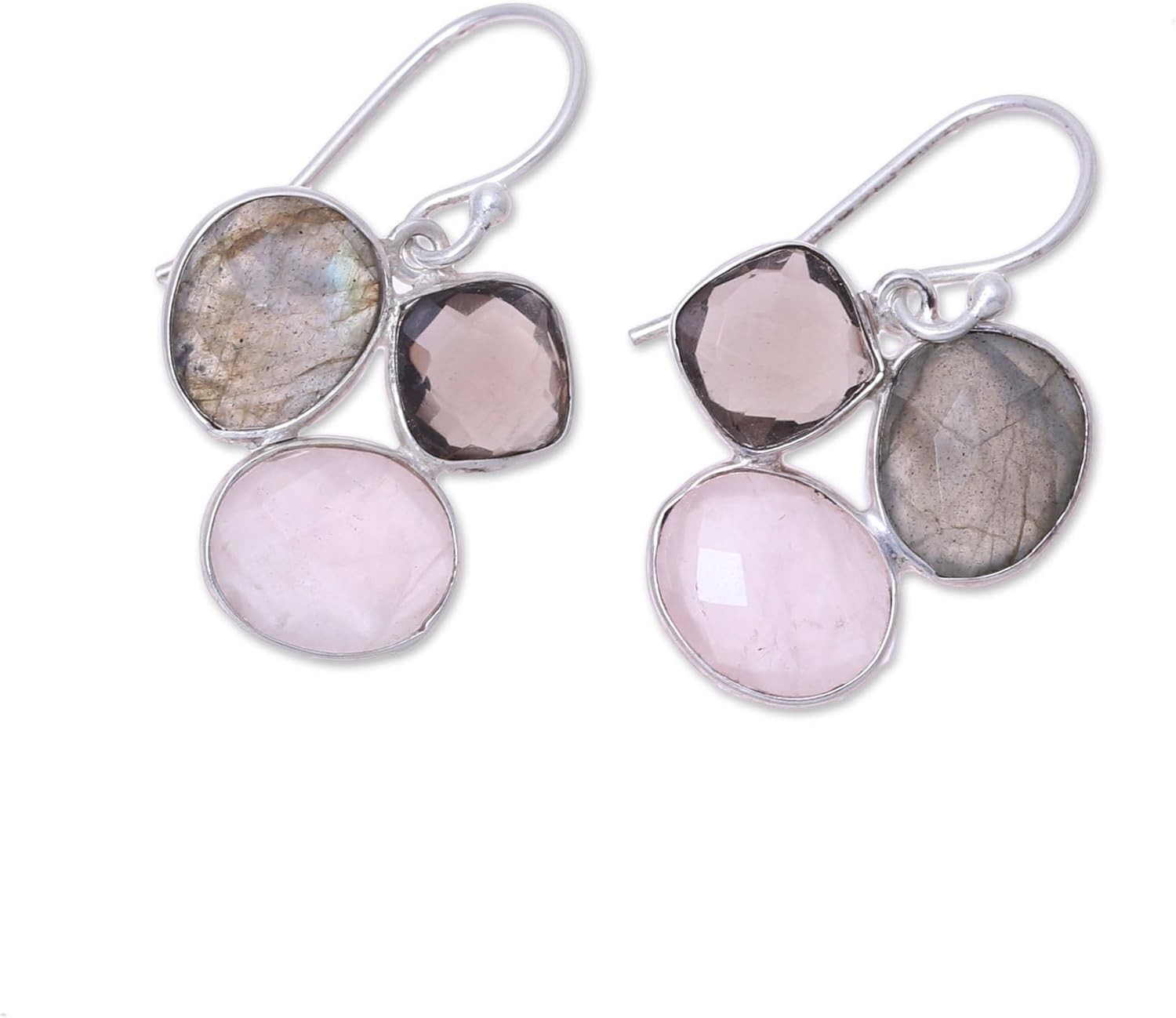 NOVICA Artisan Handmade Multigemstone Dangle Earrings Sterling Silver from India Smoky Quartz Rose Labradorite Birthstone [1.3 in L x 0.9 in W x 0.2 in D] ' Enchanting Trinity'