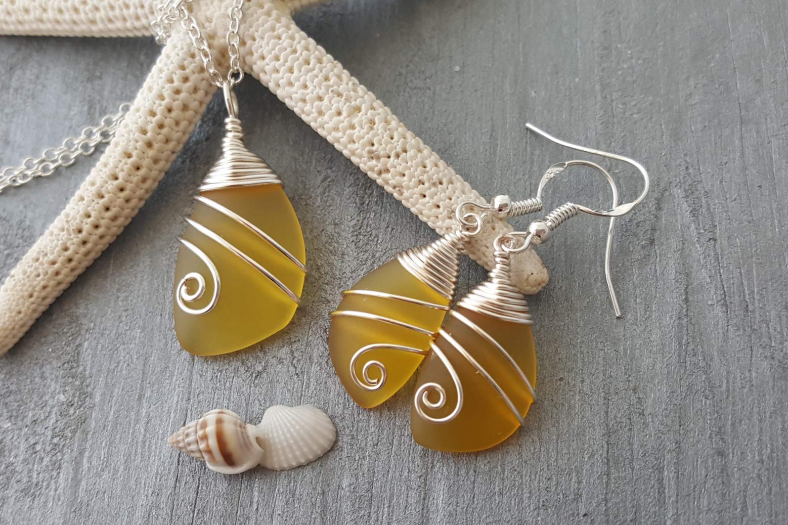 Handmade In Hawaii, Wire Wrapped Sea Glass Necklace and Earrings Set, Birthday Gifts For Women