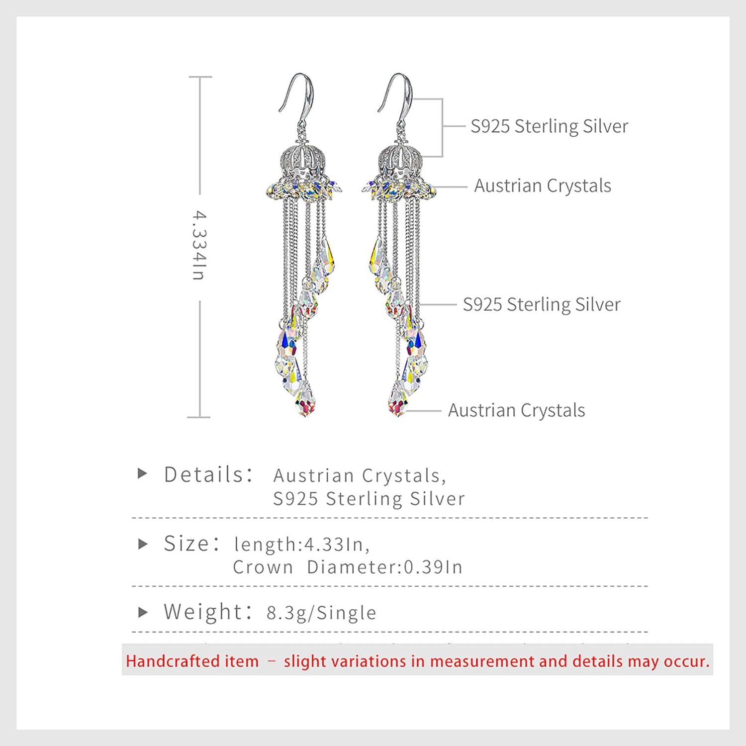 Charming Crown Dangle Earrings,Long Wind Chime Raindrops.S925 Sterling Silver Match with Crystal,Handmade Special Jewelry Gift for Women Ladies
