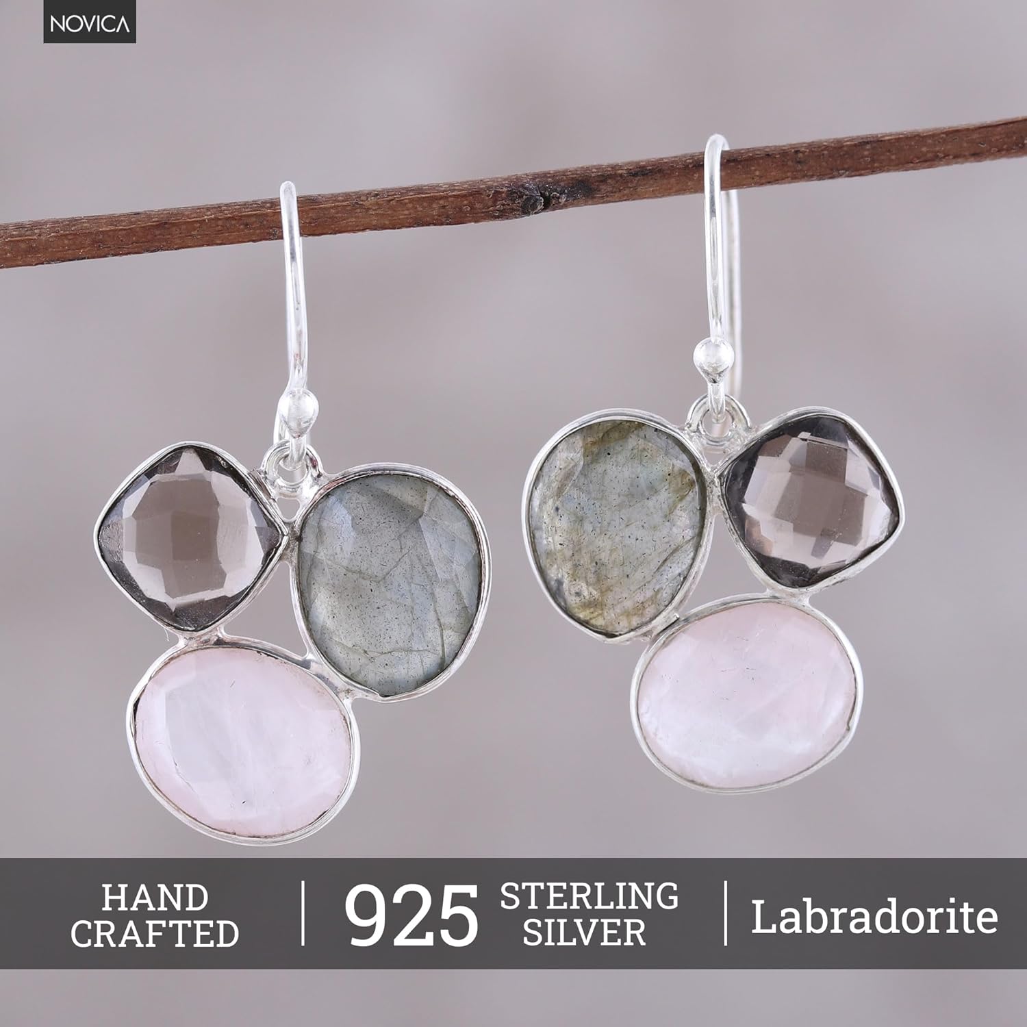 NOVICA Artisan Handmade Multigemstone Dangle Earrings Sterling Silver from India Smoky Quartz Rose Labradorite Birthstone [1.3 in L x 0.9 in W x 0.2 in D] ' Enchanting Trinity'