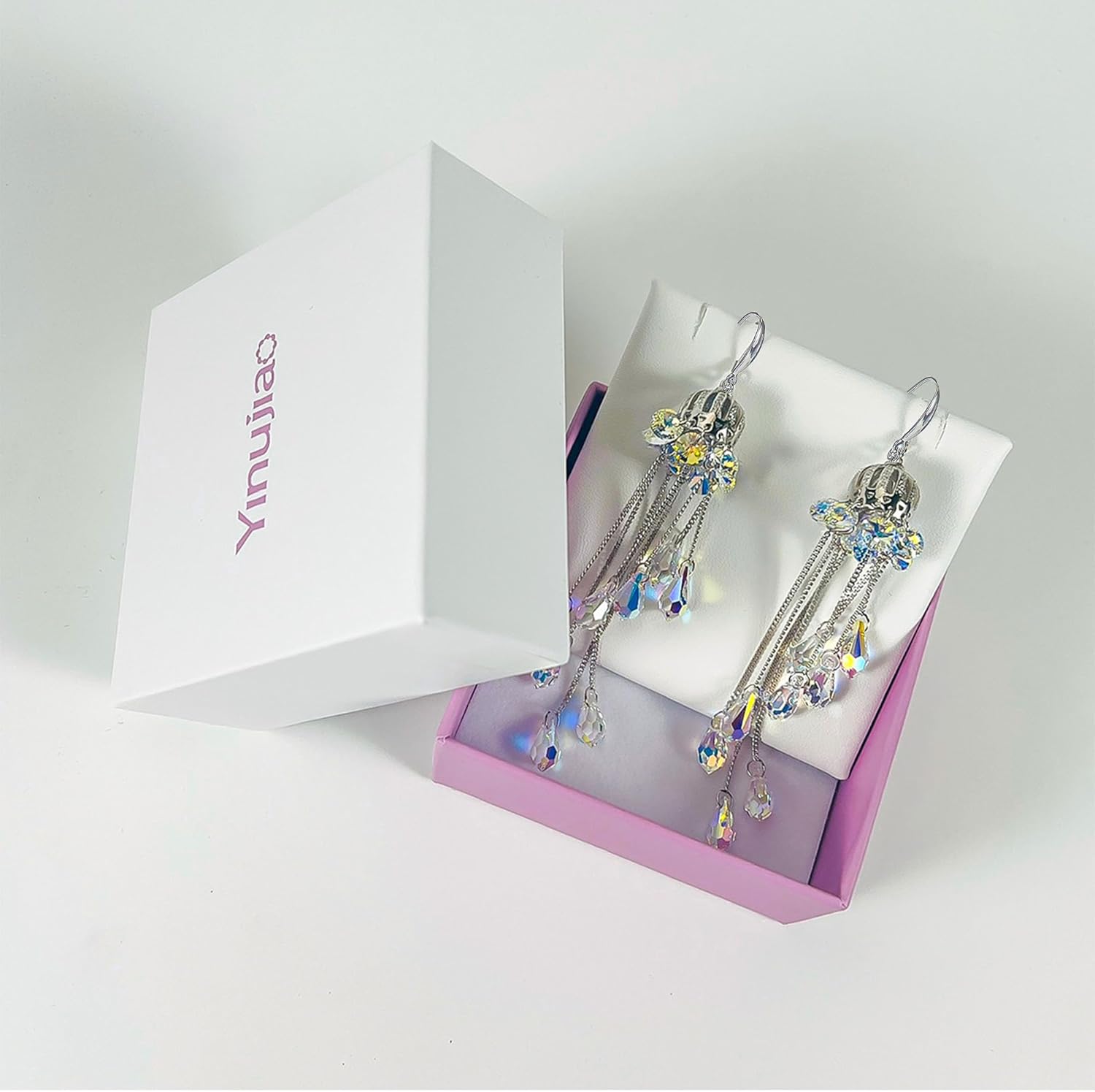 Charming Crown Dangle Earrings,Long Wind Chime Raindrops.S925 Sterling Silver Match with Crystal,Handmade Special Jewelry Gift for Women Ladies