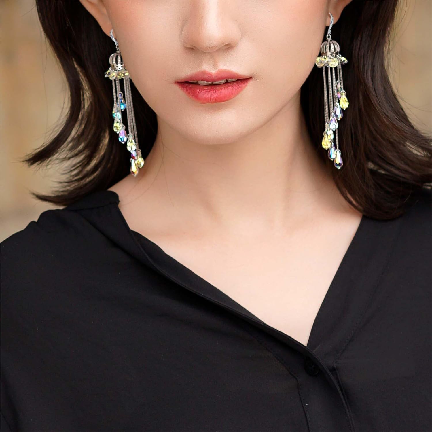 Charming Crown Dangle Earrings,Long Wind Chime Raindrops.S925 Sterling Silver Match with Crystal,Handmade Special Jewelry Gift for Women Ladies