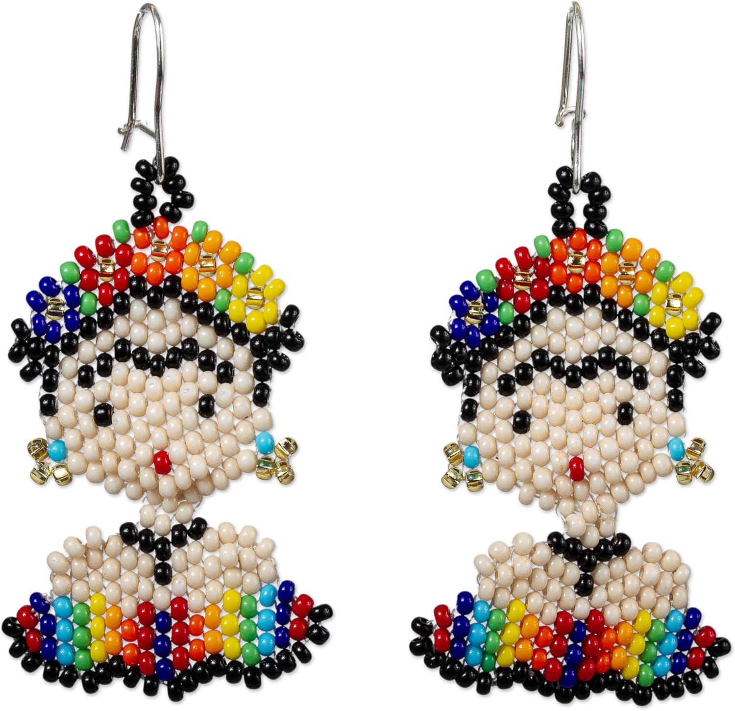 NOVICA Artisan Handmade Beaded Dangle Earrings Multicolored Frida Glass Mexico Cultural Bohemian [2.5 in L x 1.2 in W x 0.1 in D] ' Rainbow Frida'
