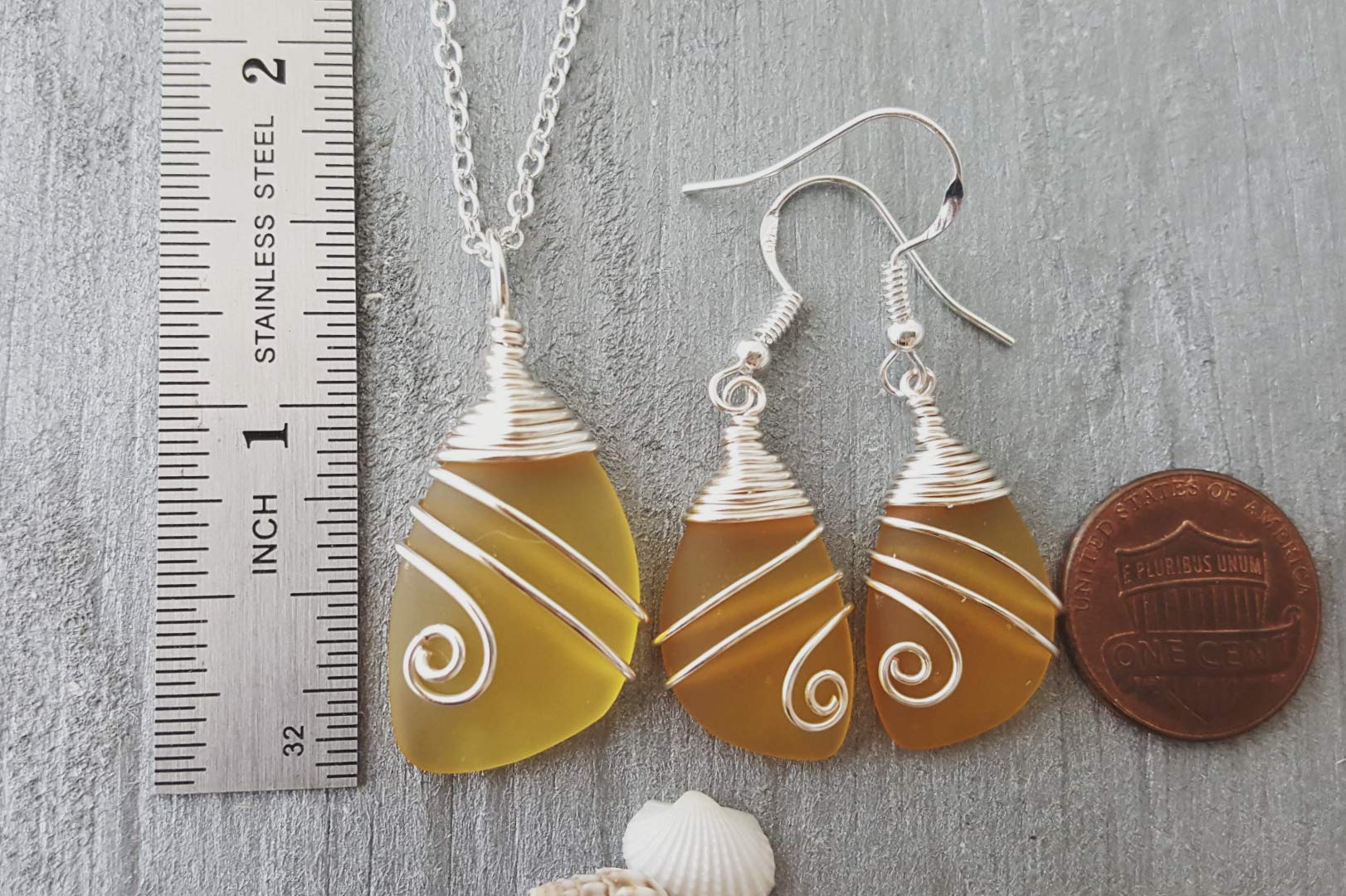 Handmade In Hawaii, Wire Wrapped Sea Glass Necklace and Earrings Set, Birthday Gifts For Women