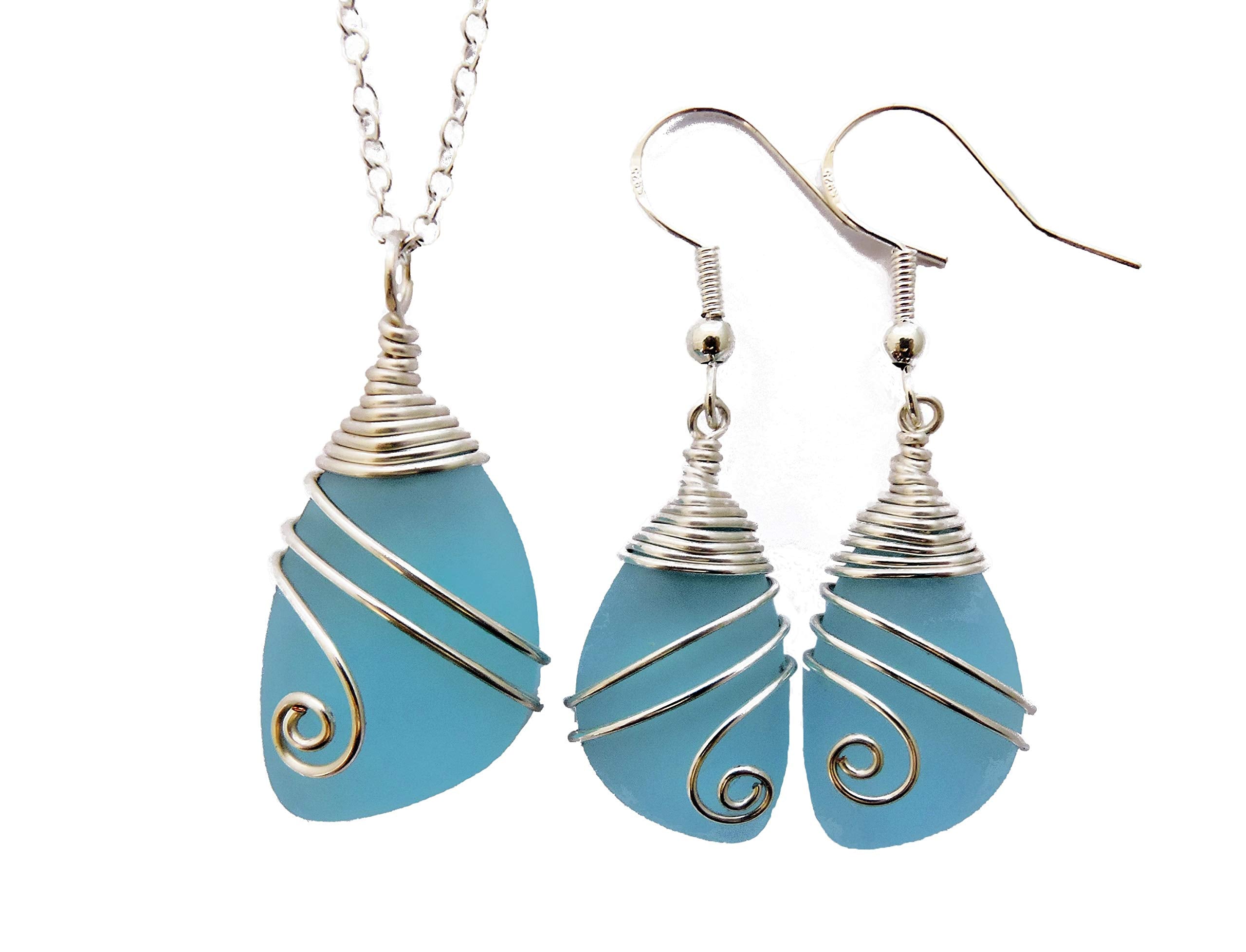 Handmade In Hawaii, Wire Wrapped Sea Glass Necklace and Earrings Set, Birthday Gifts For Women